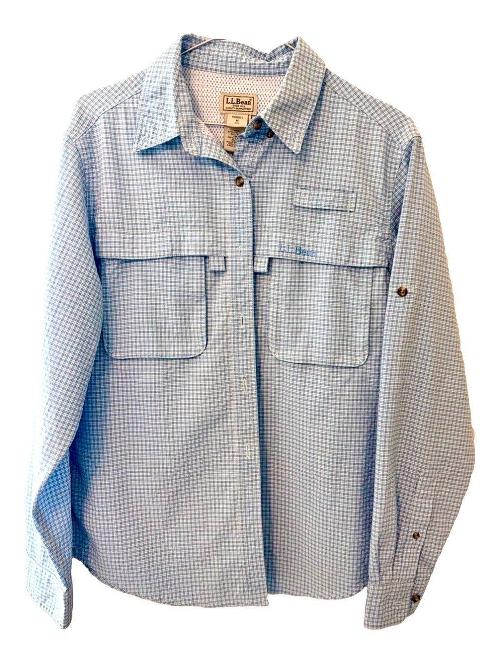 LL Bean Womens Med Blue Plaid Fishing Shirt Long Sleeve Ventilated Hiking Top